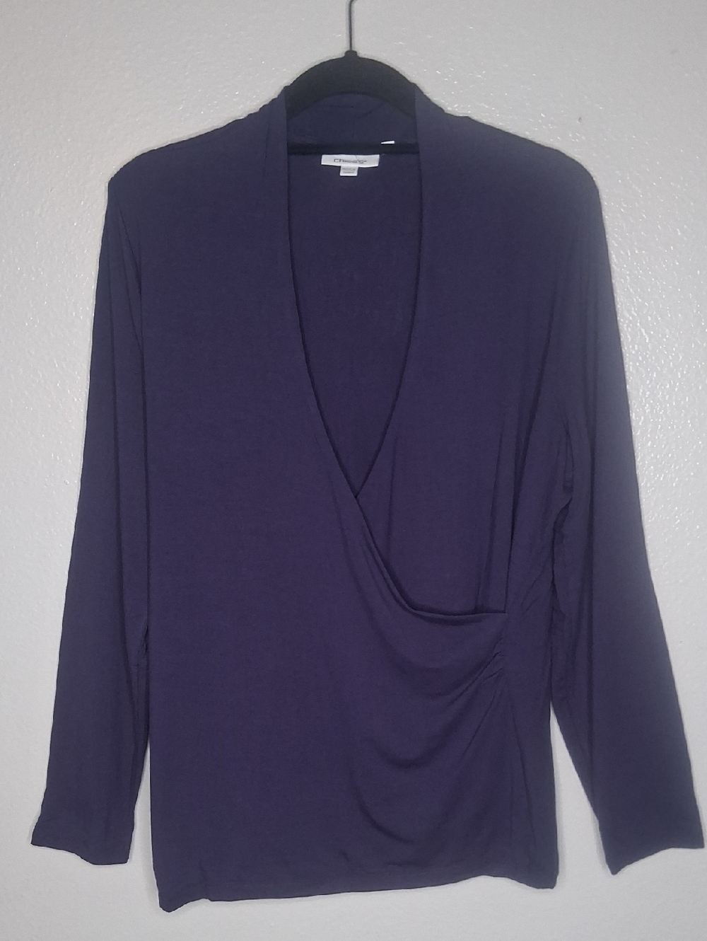 Chico's Top Purple Wrap V-neck Crossover Ruched Left Long Sleeve Stretch Sz L